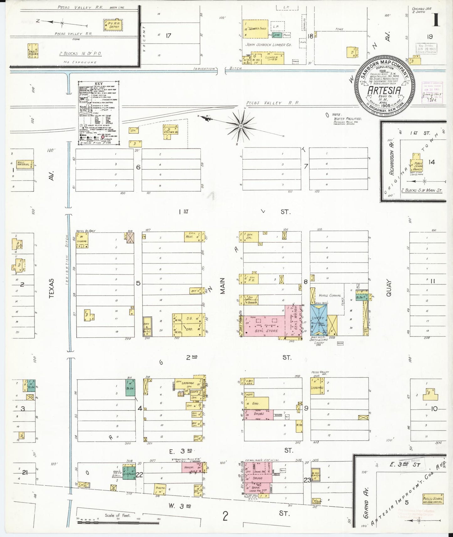 Sanborn Fire Insurance Map from Artesia, Eddy County, New Mexico (1905), Sheet #0001 - Historic Sanborn Fire Insurance Map Print, vintage old map wall art, antique decor, genealogy gift, New Mexico New Mexico map