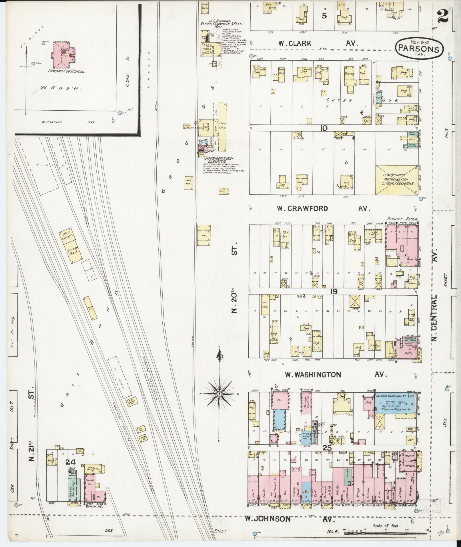 Sanborn Fire Insurance Map from Parsons, Labette County, Kansas (1888), Sheet #0002 - Historic Sanborn Fire Insurance Map Print, vintage old map wall art, antique decor, genealogy gift, Kansas Kansas map