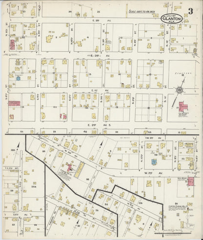 Sanborn Fire Insurance Map from Clanton, Chilton County, Alabama (1917), Sheet #0003 - Complete Map Set gallery image, historic Sanborn map, vintage wall art, Alabama Alabama
