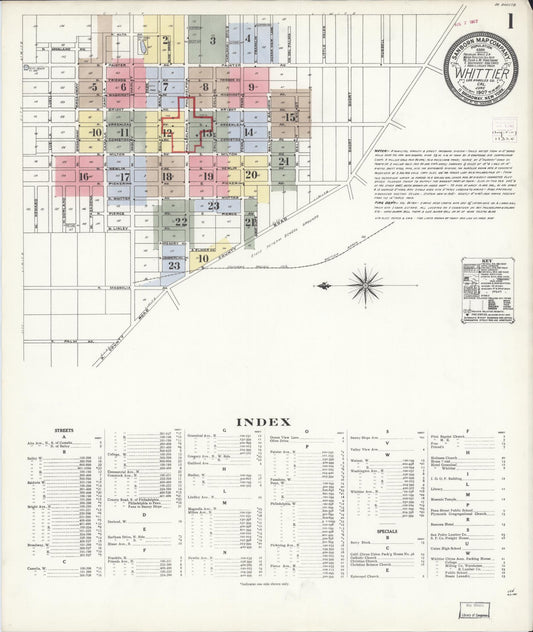 Sanborn Fire Insurance Map from Whittier, Los Angeles County, California (1907), Sheet #0001 - Complete Map Set gallery image, historic Sanborn map, vintage wall art, California California