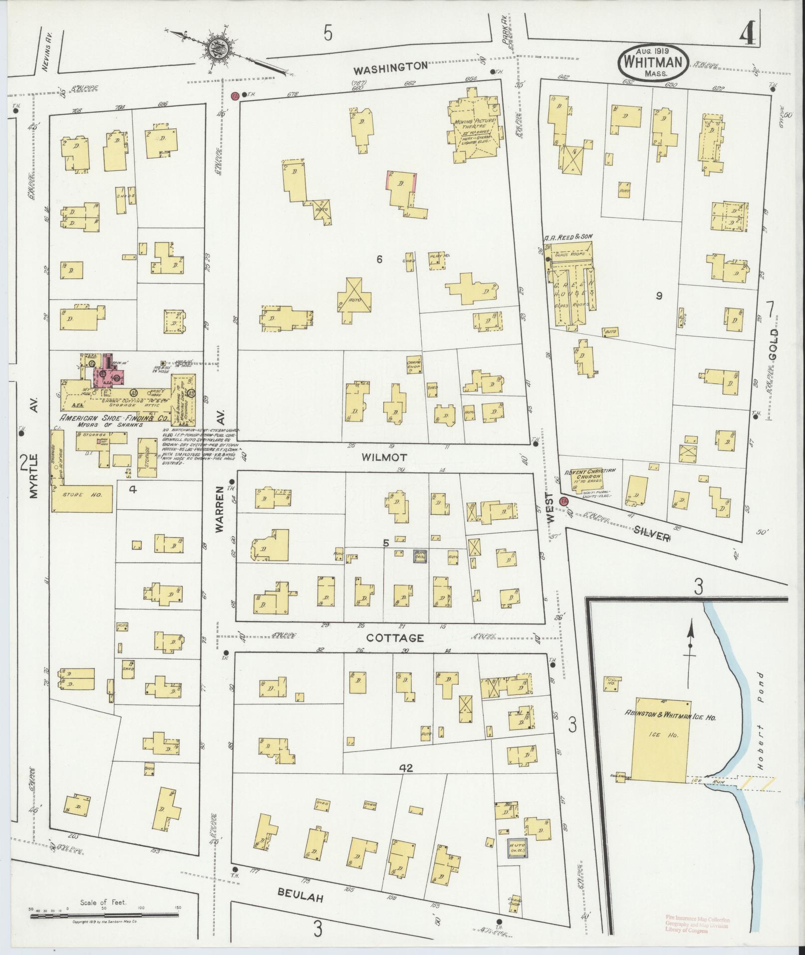 Sanborn Fire Insurance Map from Whitman, Plymouth County, Massachusetts (1919), Sheet #0004 - Complete Map Set gallery image, historic Sanborn map, vintage wall art, Massachusetts Massachusetts