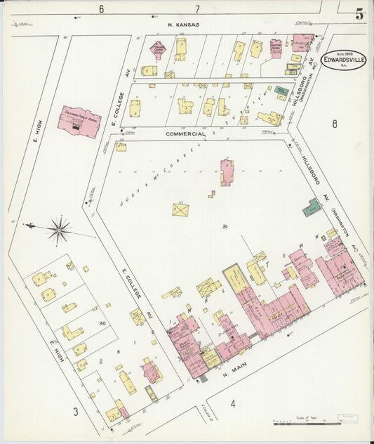 Sanborn Fire Insurance Map from Edwardsville, Madison County, Illinois (1909), Sheet #0005 - Historic Sanborn Fire Insurance Map Print, vintage old map wall art, antique decor, genealogy gift, Illinois Illinois map