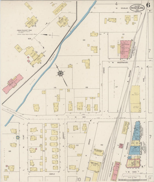 Sanborn Fire Insurance Map from Roseburg, Douglas County, Oregon (1920), Sheet #0006 - Historic Sanborn Fire Insurance Map Print, vintage old map wall art, antique decor, genealogy gift, Oregon Oregon map