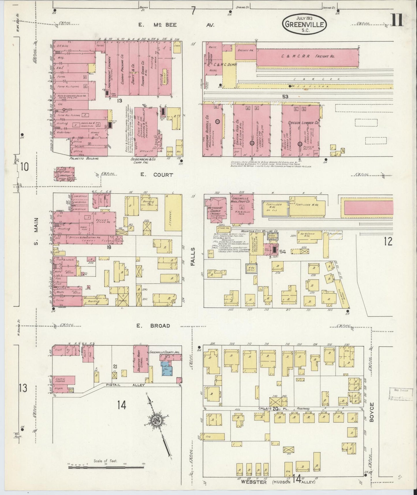 Sanborn Fire Insurance Map from Greenville, Greenville County, South Carolina (1913), Sheet #0011 - Complete Map Set gallery image, historic Sanborn map, vintage wall art, South Carolina South Carolina