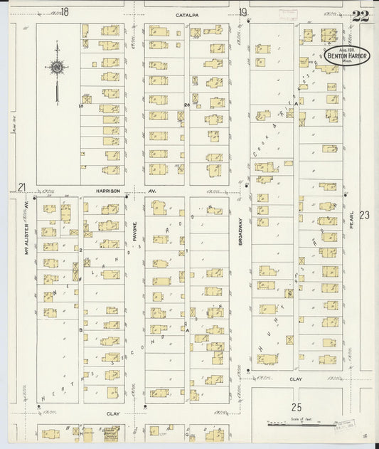 Sanborn Fire Insurance Map from Benton Harbor, Berrien County, Michigan (1911), Sheet #0022 - Historic Sanborn Fire Insurance Map Print, vintage old map wall art, antique decor, genealogy gift, Michigan Michigan map