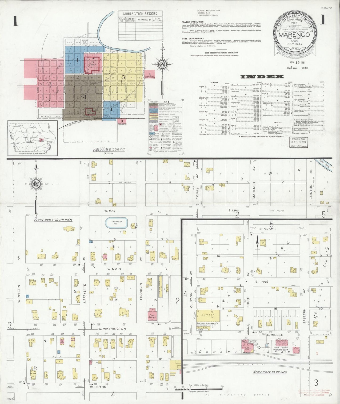 Sanborn Fire Insurance Map from Marengo, Iowa County, Iowa (1933), Sheet #0001 - Historic Sanborn Fire Insurance Map Print