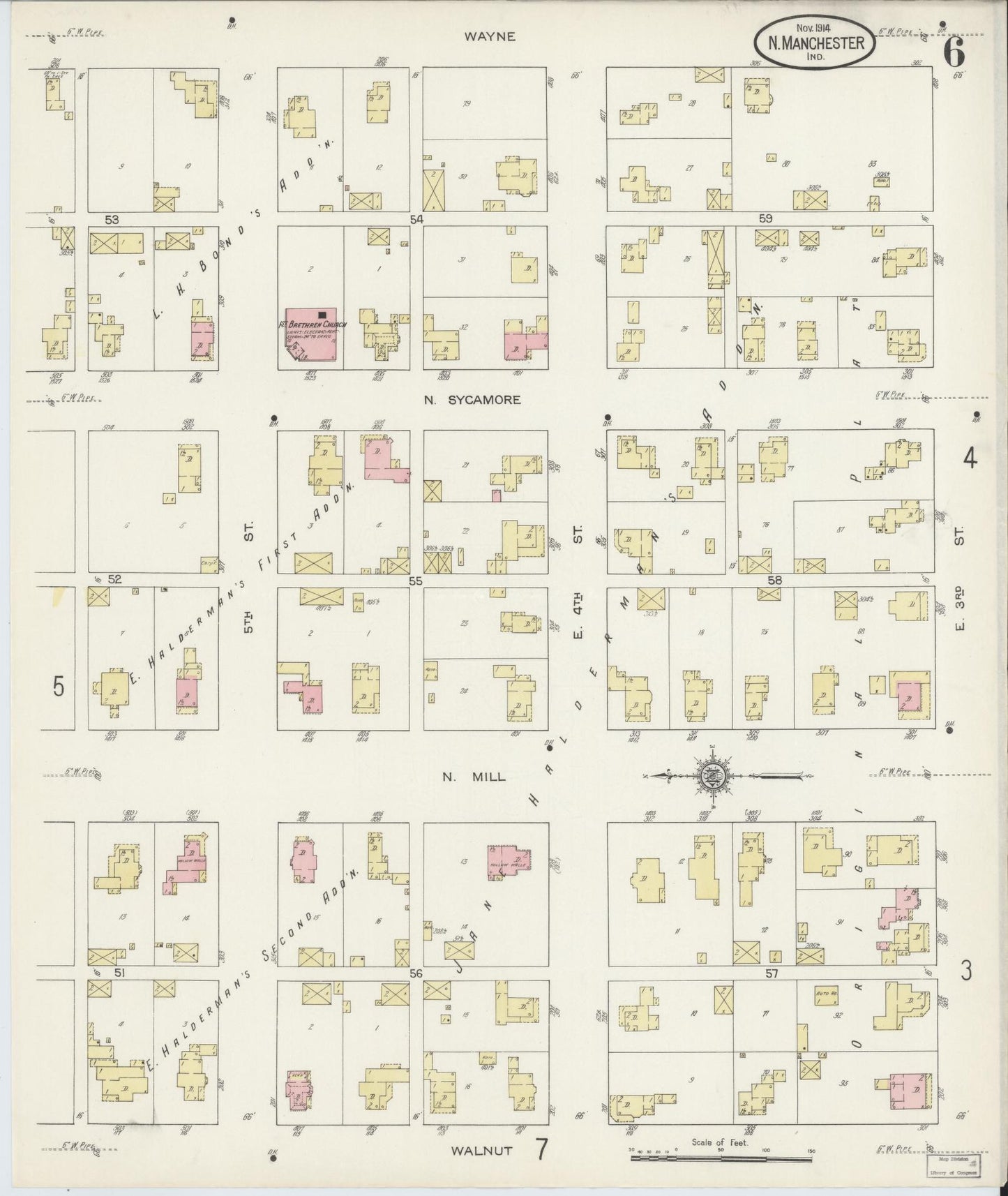 Sanborn Fire Insurance Map from North Manchester, Wabash County, Indiana (1914), Sheet #0006 - Complete Map Set gallery image, historic Sanborn map, vintage wall art, Indiana Indiana