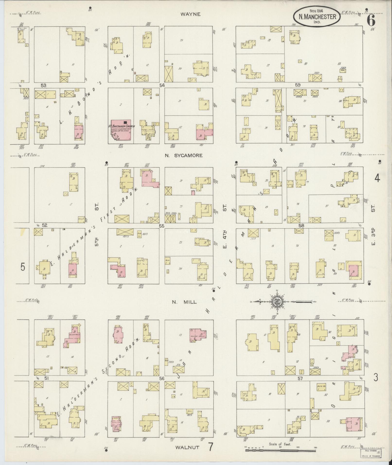 Sanborn Fire Insurance Map from North Manchester, Wabash County, Indiana (1914), Sheet #0006 - Complete Map Set gallery image, historic Sanborn map, vintage wall art, Indiana Indiana