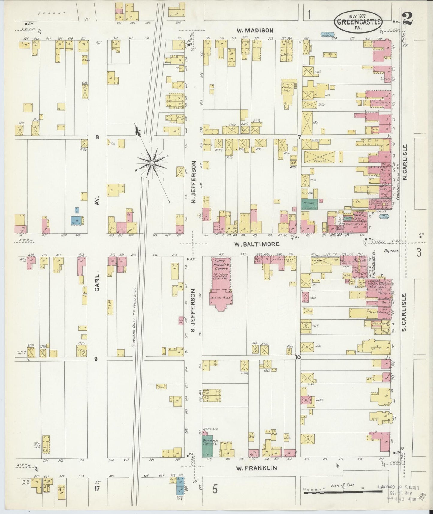 Sanborn Fire Insurance Map from Greencastle, Franklin County, Pennsylvania (1907), Sheet #0002 - Historic Sanborn Fire Insurance Map Print, vintage old map wall art, antique decor, genealogy gift, Pennsylvania Pennsylvania map