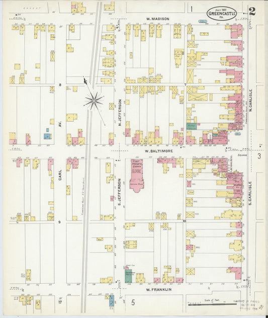 Sanborn Fire Insurance Map from Greencastle, Franklin County, Pennsylvania (1907), Sheet #0002 - Historic Sanborn Fire Insurance Map Print, vintage old map wall art, antique decor, genealogy gift, Pennsylvania Pennsylvania map