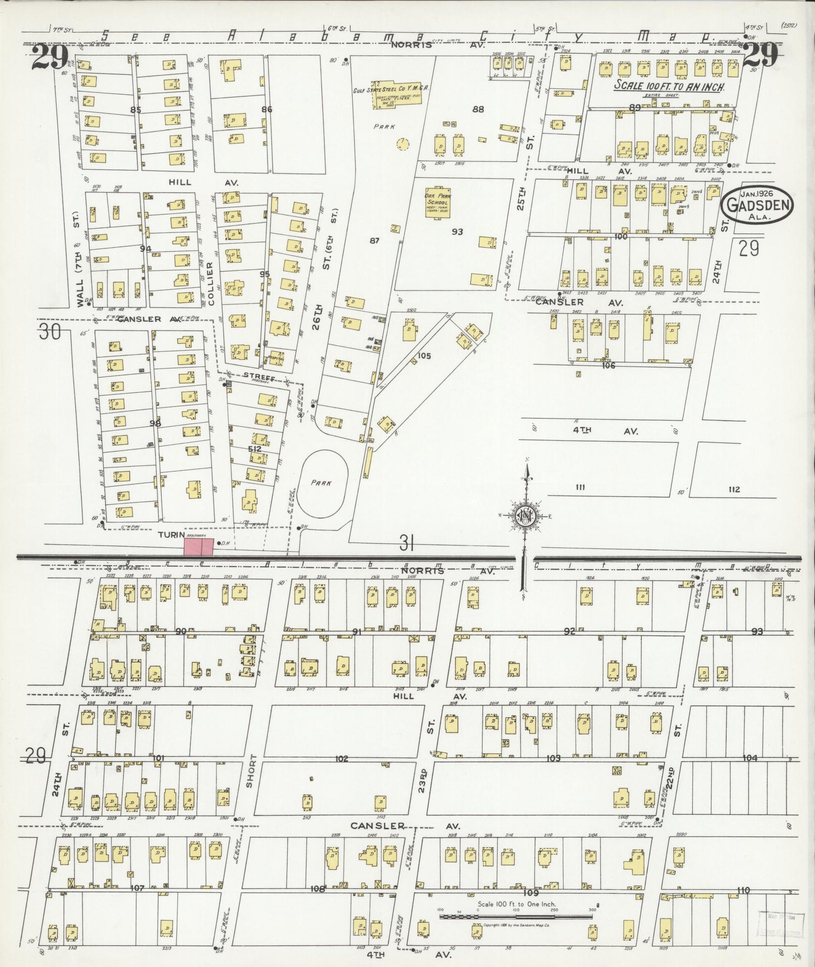 Sanborn Fire Insurance Map from Gadsden, Etowah County, Alabama (1926), Sheet #0029 - Historic Sanborn Fire Insurance Map Print, vintage old map wall art, antique decor, genealogy gift, Alabama Alabama map