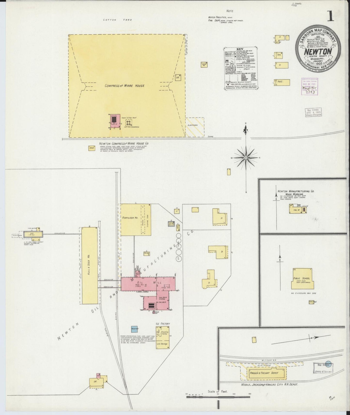 Sanborn Fire Insurance Map from Newton, Newton County, Mississippi (1905), Sheet #0001 - Complete Map Set gallery image, historic Sanborn map, vintage wall art, Mississippi Mississippi