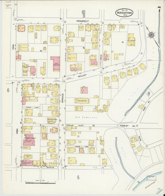 Sanborn Fire Insurance Map from Morgantown, Monongalia County, West Virginia (1911), Sheet #0007 - Historic Sanborn Fire Insurance Map Print, vintage old map wall art, antique decor, genealogy gift, West Virginia West Virginia map