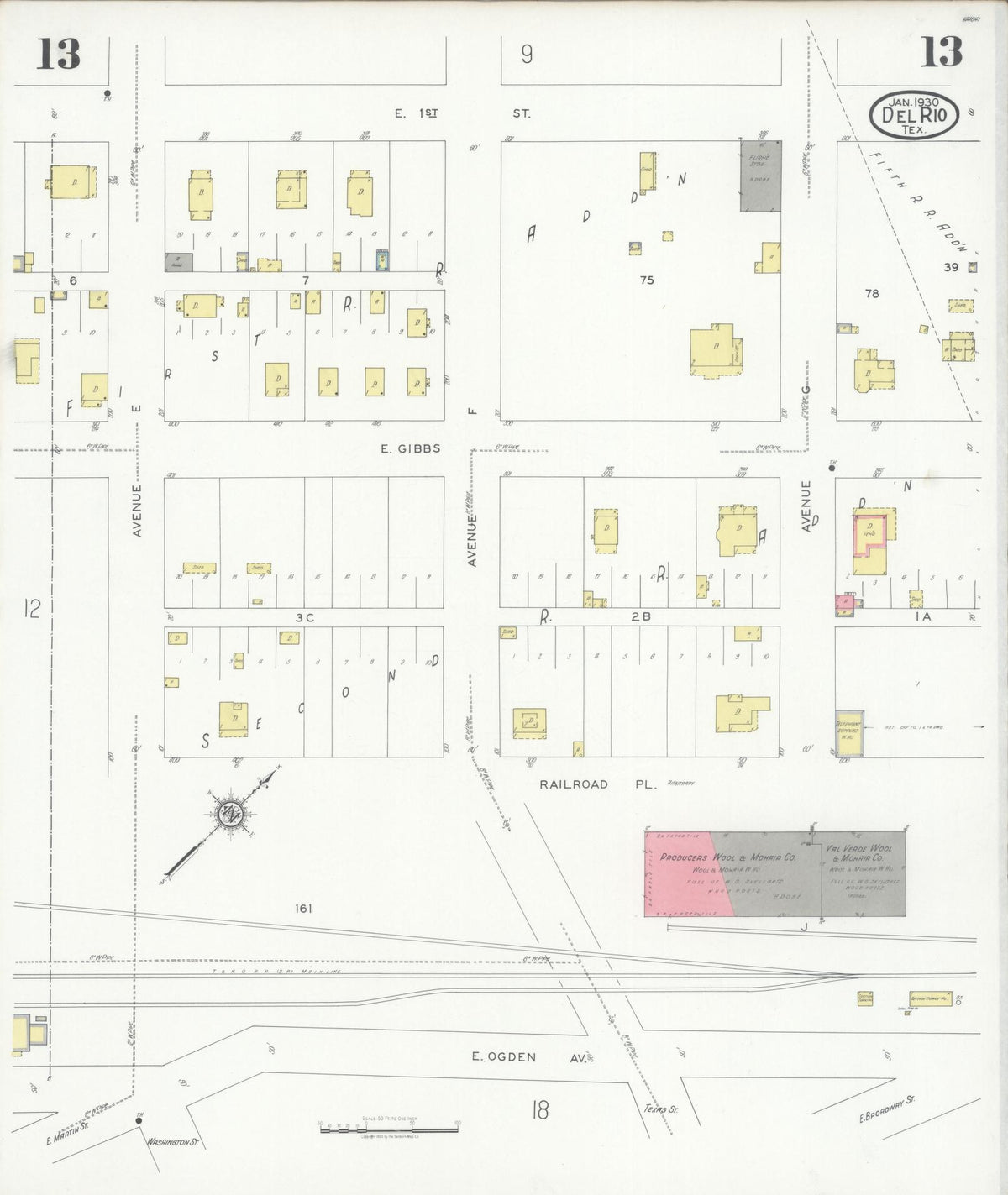 Sanborn Fire Insurance Map from Del Rio, Val Verde County, Texas (1930), Sheet #0013 - Complete Map Set gallery image, historic Sanborn map, vintage wall art, Texas Texas