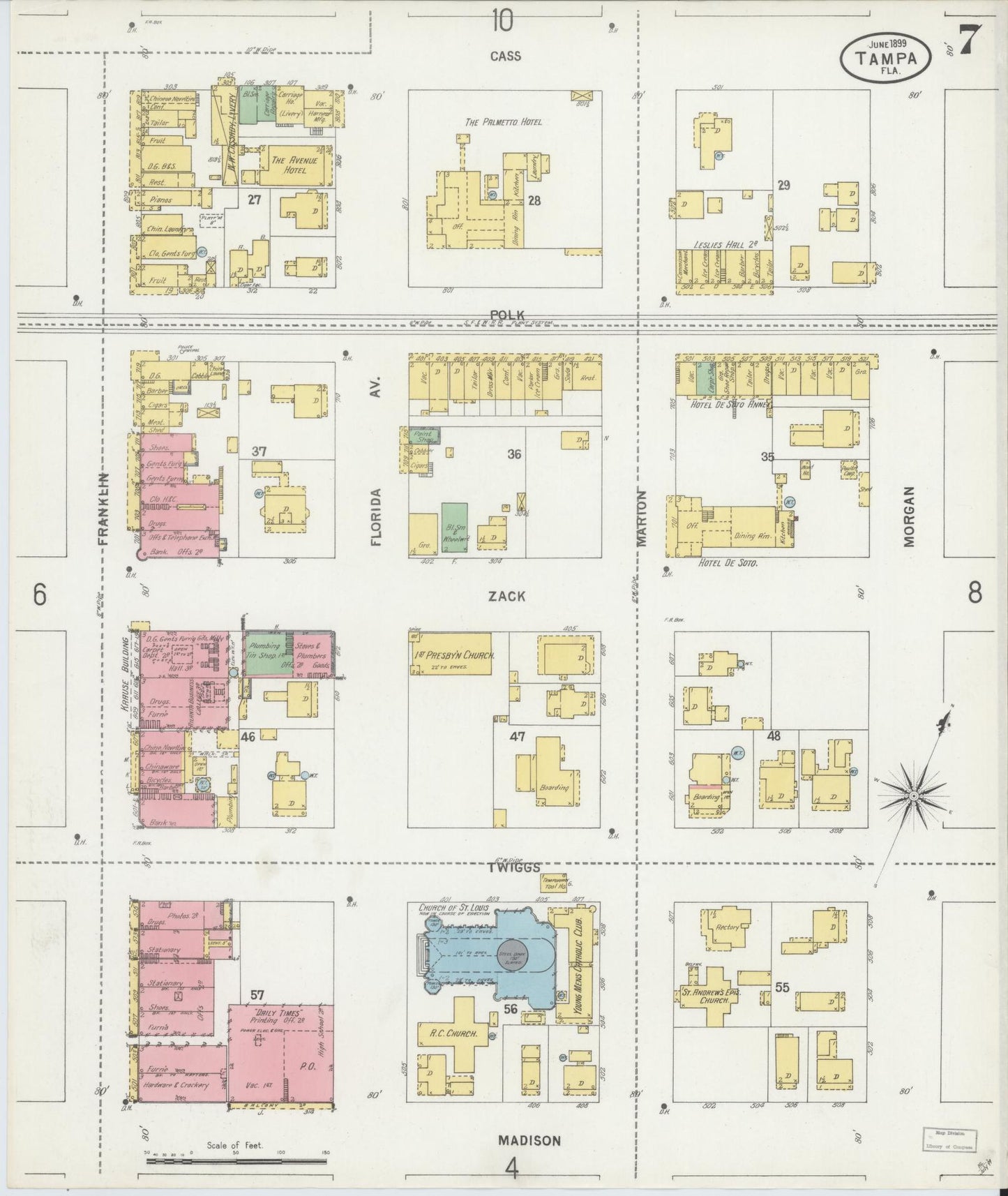 Sanborn Fire Insurance Map from Tampa, Hillsborough County, Florida (1899), Sheet #0007 - Historic Sanborn Fire Insurance Map Print, vintage old map wall art, antique decor, genealogy gift, Florida Florida map