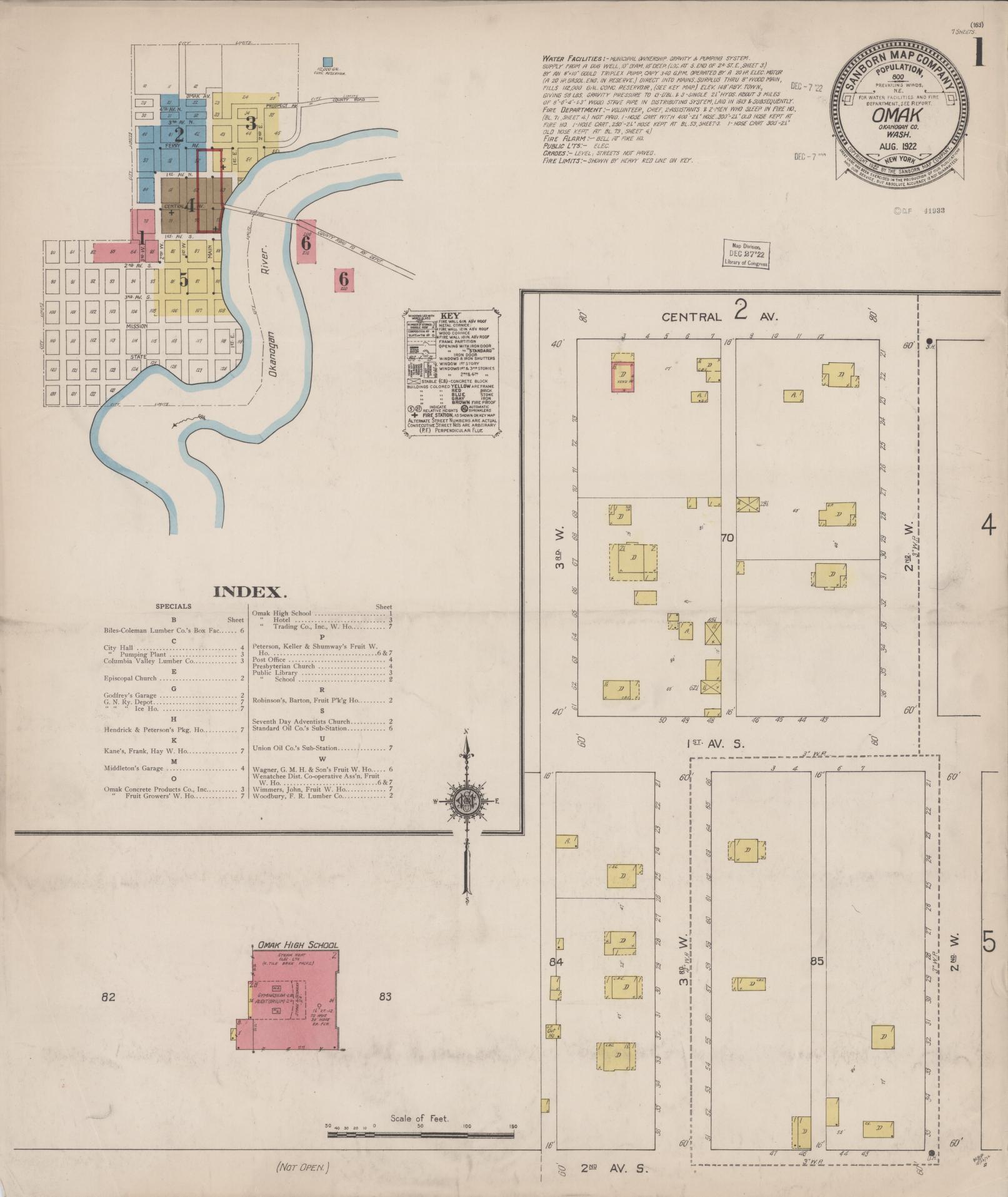 Sanborn Fire Insurance Map from Omak, Okanogan County, Washington (1922), Sheet #0001 - Complete Map Set gallery image, historic Sanborn map, vintage wall art, Washington Washington