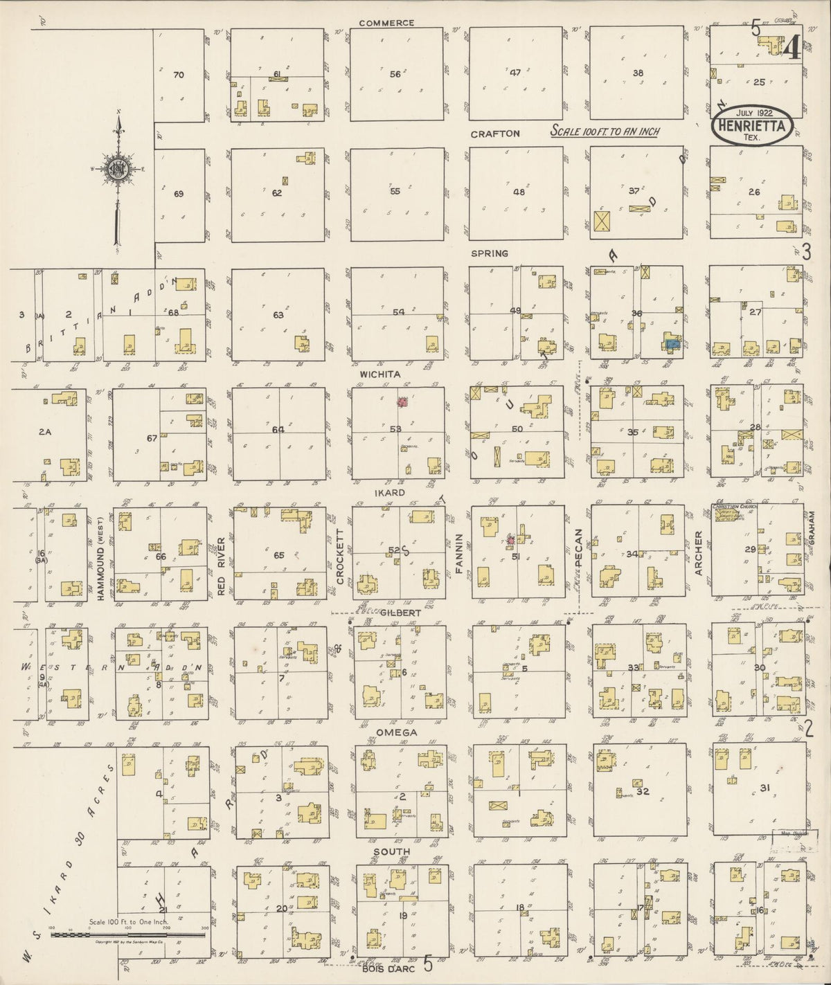 Sanborn Fire Insurance Map from Henrietta, Clay County, Texas (1922), Sheet #0004 - Historic Sanborn Fire Insurance Map Print, vintage old map wall art, antique decor, genealogy gift, Texas Texas map