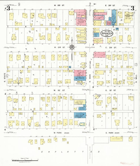 Sanborn Fire Insurance Map from Spencer, Clay County, Iowa (1924), Sheet #0003 - Historic Sanborn Fire Insurance Map Print, vintage old map wall art