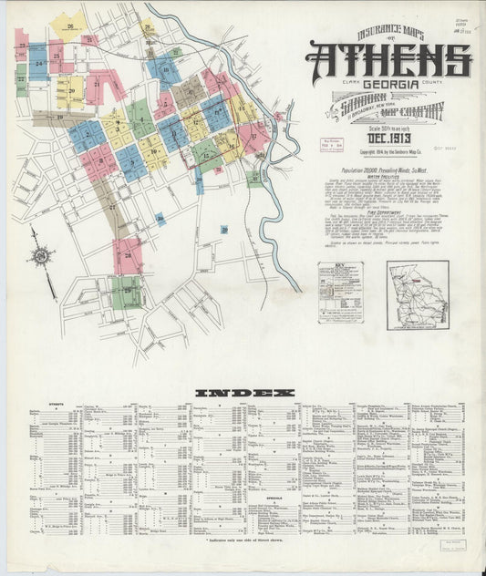 Sanborn Fire Insurance Map from Athens, Clarke County, Georgia (1913), Sheet #0001 - Historic Sanborn Fire Insurance Map Print, vintage old map wall art, antique decor, genealogy gift, Georgia Georgia map
