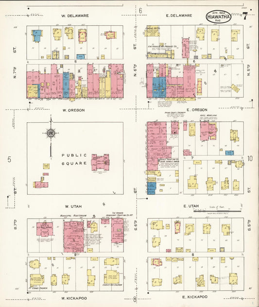 Sanborn Fire Insurance Map from Hiawatha, Brown County, Kansas (1922), Sheet #0007 - Historic Sanborn Fire Insurance Map Print, vintage old map wall art, antique decor, genealogy gift, Kansas Kansas map