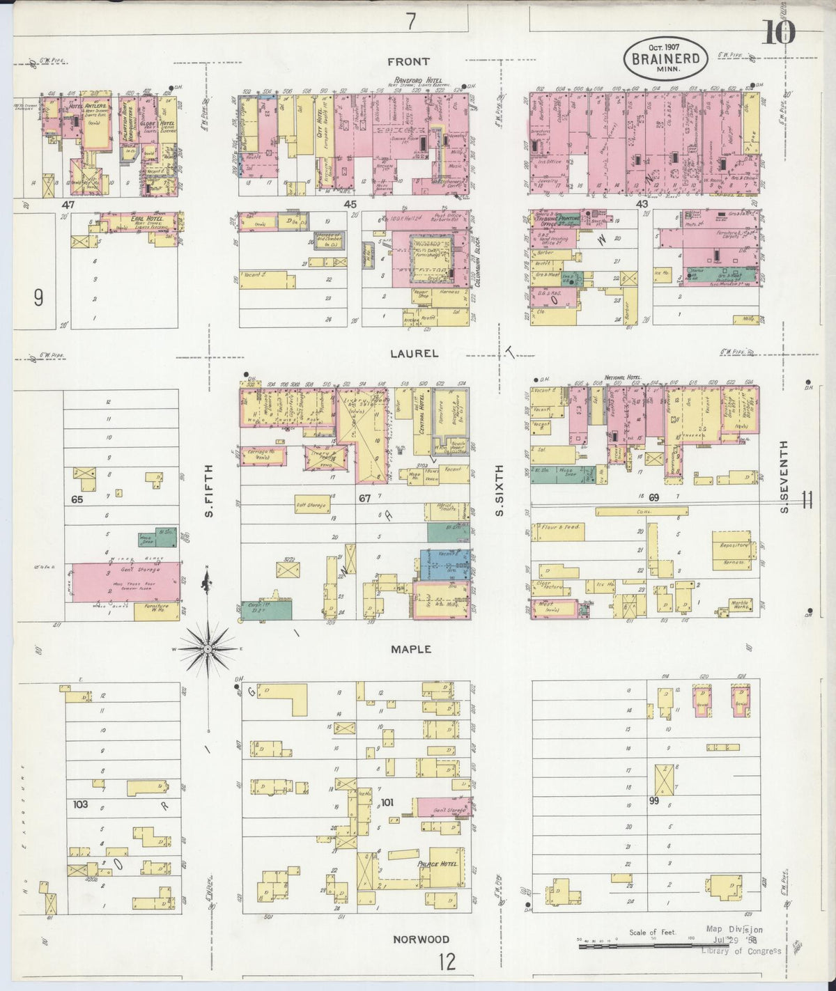 Sanborn Fire Insurance Map from Brainerd, Crow Wing County, Minnesota (1907), Sheet #0010 - Historic Sanborn Fire Insurance Map Print, vintage old map wall art, antique decor, genealogy gift, Minnesota Minnesota map
