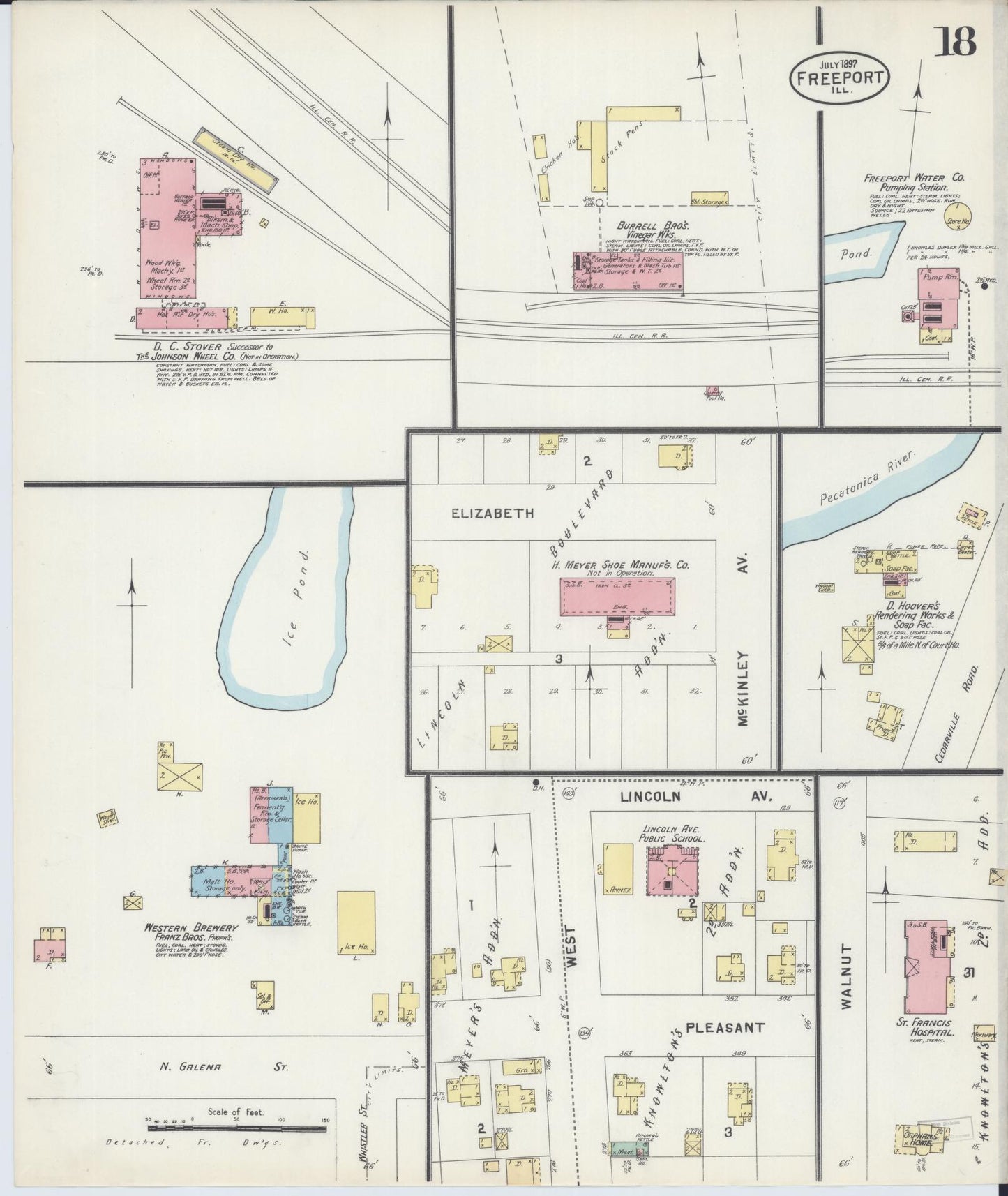Sanborn Fire Insurance Map from Freeport, Stephenson County, Illinois (1897), Sheet #0018 - Historic Sanborn Fire Insurance Map Print, vintage old map wall art, antique decor, genealogy gift, Illinois Illinois map