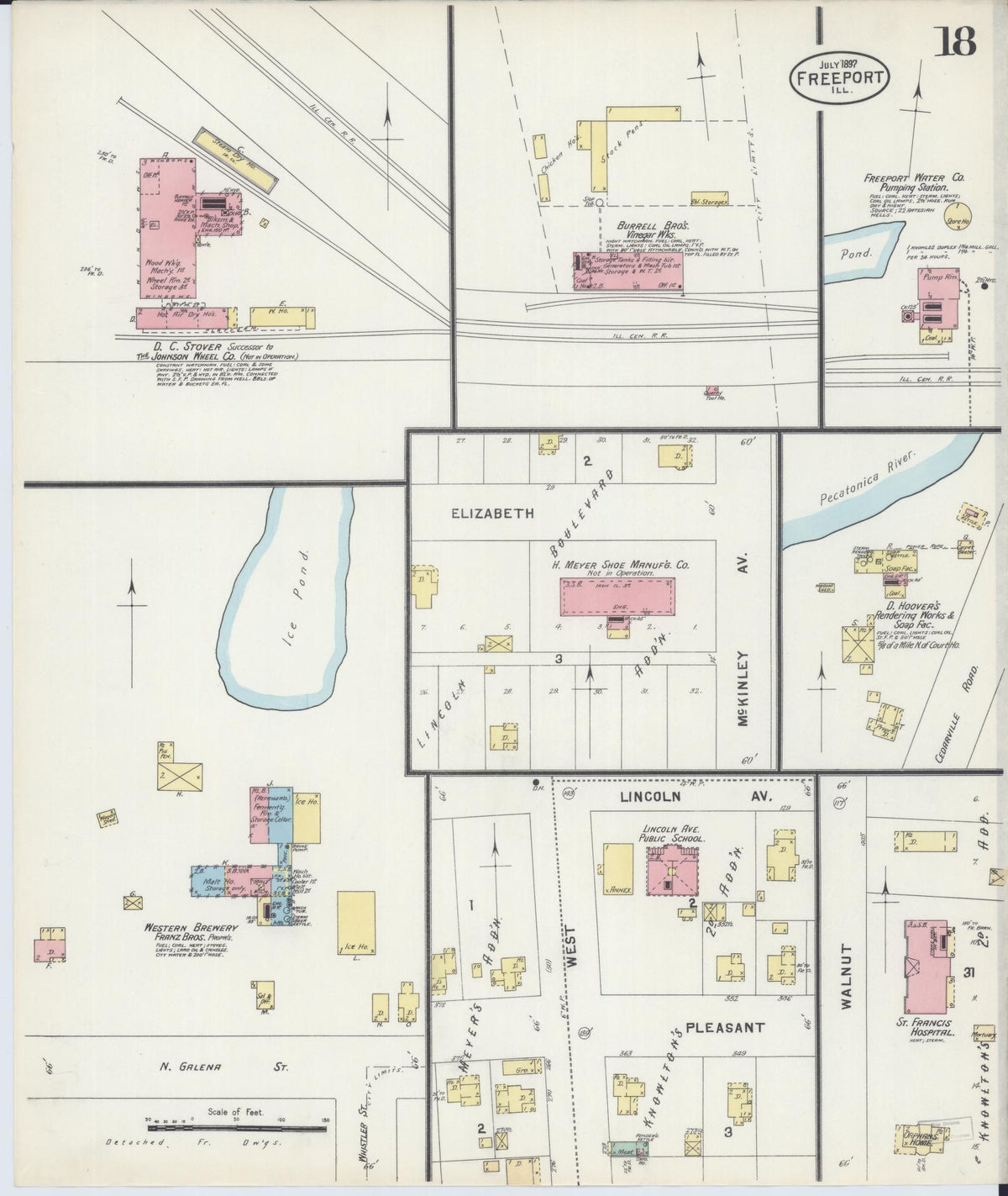 Sanborn Fire Insurance Map from Freeport, Stephenson County, Illinois (1897), Sheet #0018 - Historic Sanborn Fire Insurance Map Print, vintage old map wall art, antique decor, genealogy gift, Illinois Illinois map