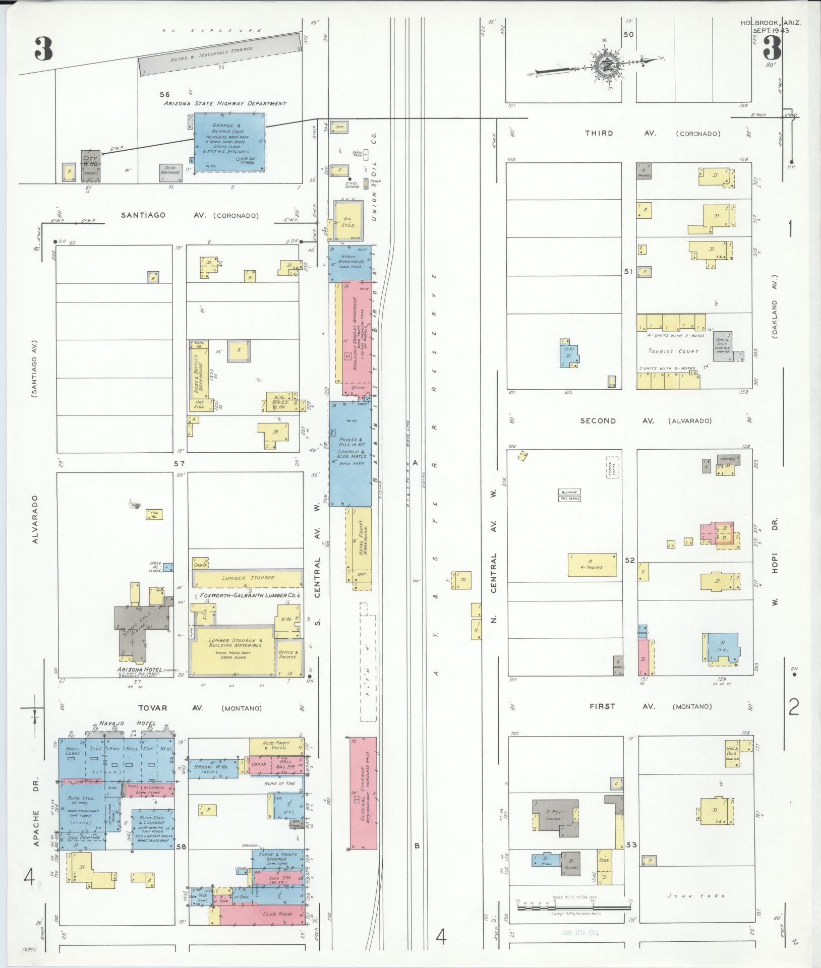 Sanborn Fire Insurance Map from Holbrook, Navajo County, Arizona (1943), Sheet #0003 - Complete Map Set gallery image, historic Sanborn map, vintage wall art, Arizona Arizona