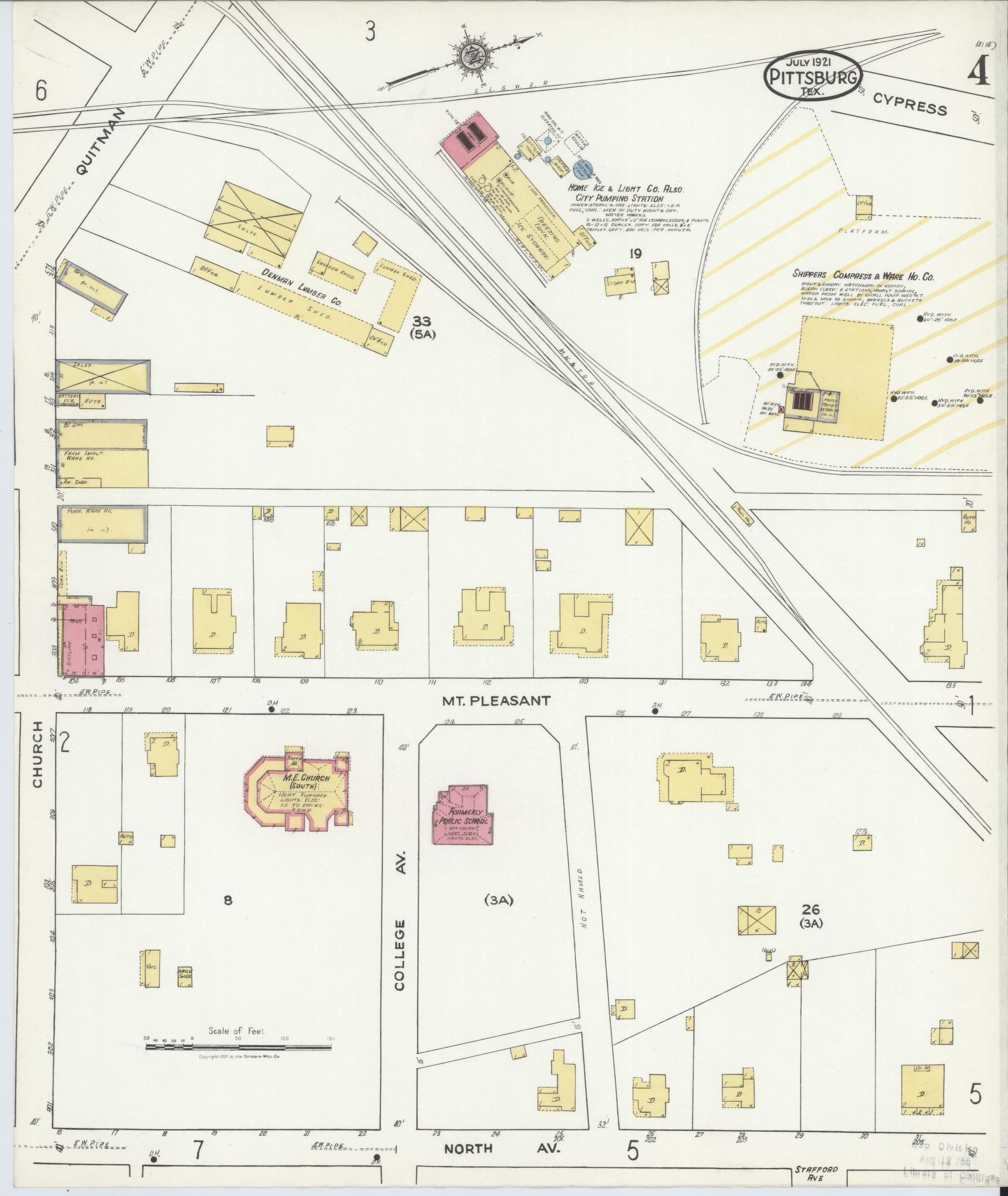 Sanborn Fire Insurance Map from Pittsburg, Camp County, Texas (1921), Sheet #0004 - Complete Map Set gallery image, historic Sanborn map, vintage wall art, Texas Texas