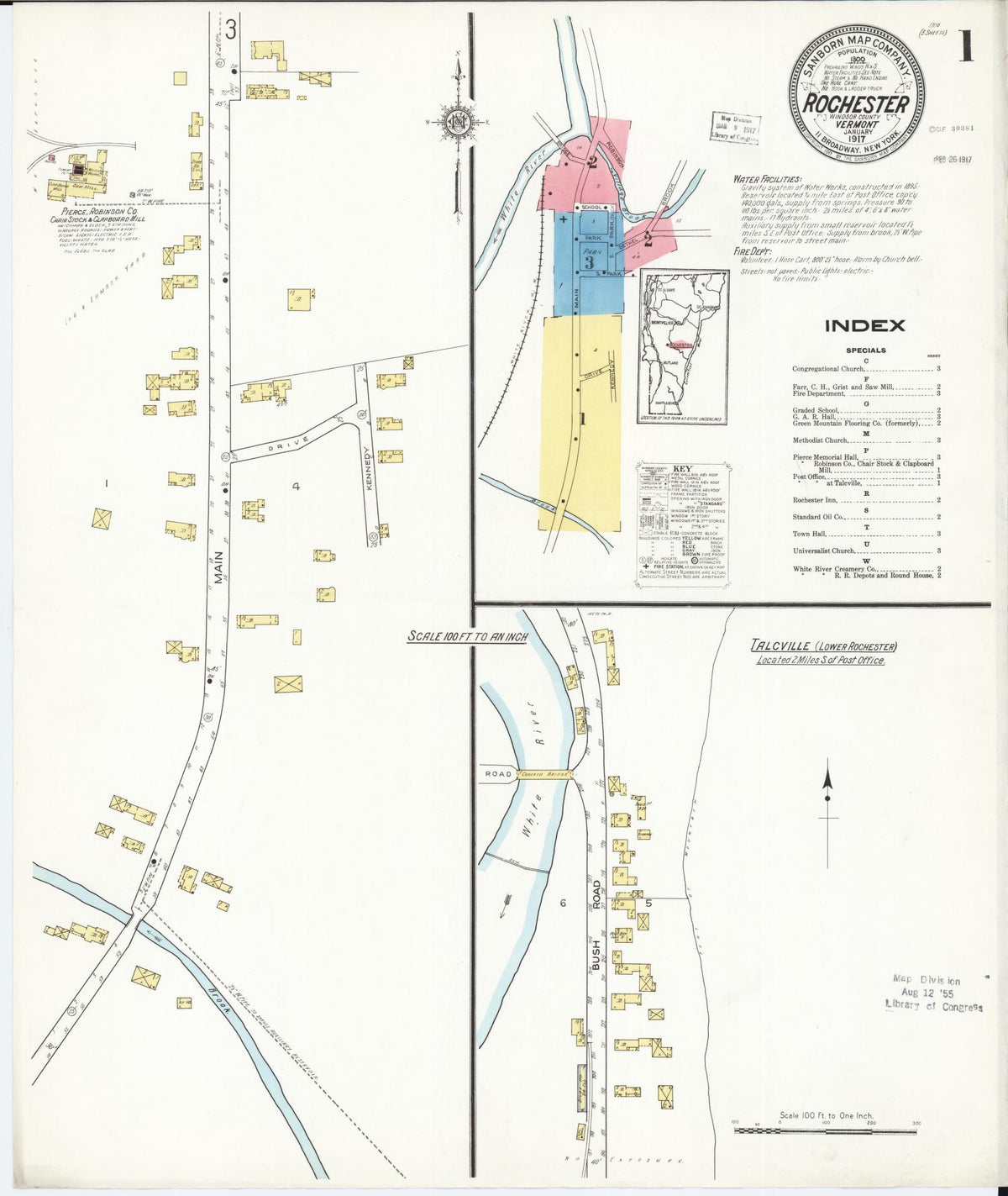 Sanborn Fire Insurance Map from Rochester, Windsor County, Vermont (1917), Sheet #0001 - Complete Map Set gallery image, historic Sanborn map, vintage wall art, Vermont Vermont