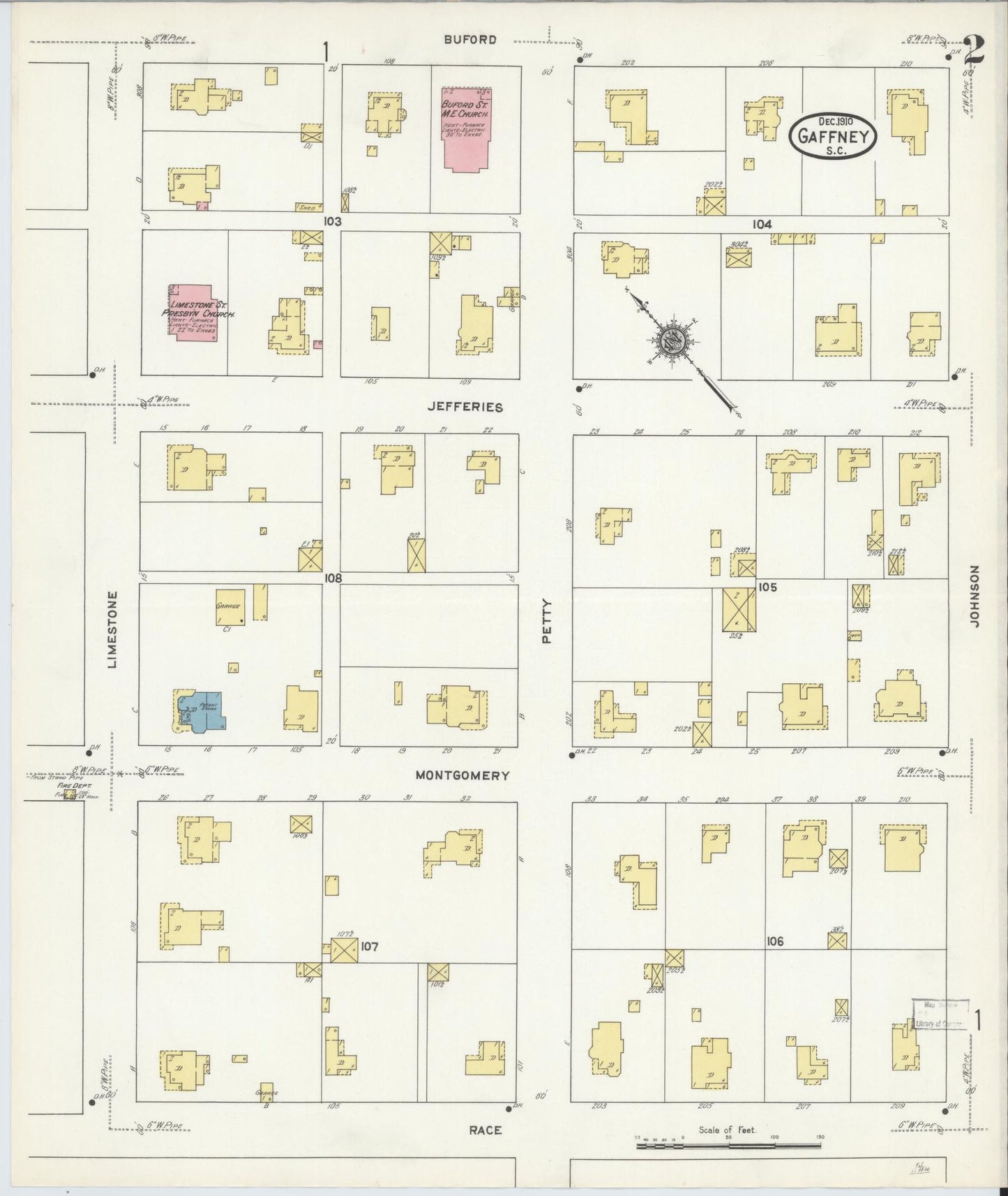 Sanborn Fire Insurance Map from Gaffney, Cherokee County, South Carolina (1910), Sheet #0002 - Historic Sanborn Fire Insurance Map Print, vintage old map wall art, antique decor, genealogy gift, South Carolina South Carolina map