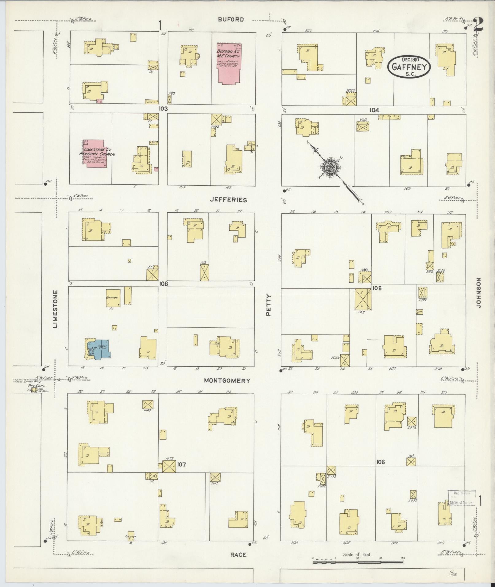 Sanborn Fire Insurance Map from Gaffney, Cherokee County, South Carolina (1910), Sheet #0002 - Historic Sanborn Fire Insurance Map Print, vintage old map wall art, antique decor, genealogy gift, South Carolina South Carolina map