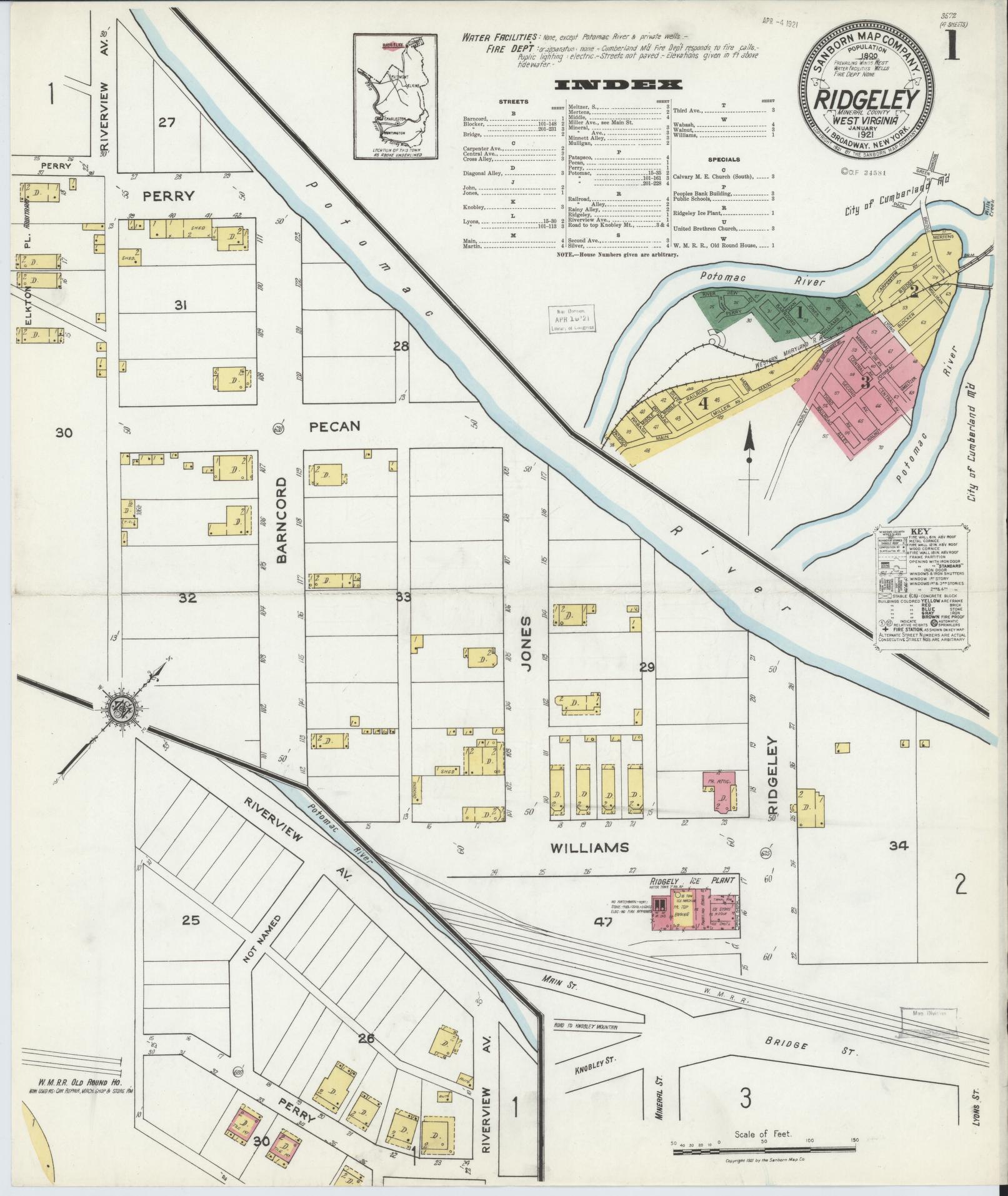 Sanborn Fire Insurance Map from Ridgeley, Mineral County, West Virginia (1921), Sheet #0001 - Historic Sanborn Fire Insurance Map Print, vintage old map wall art, antique decor, genealogy gift, West Virginia West Virginia map