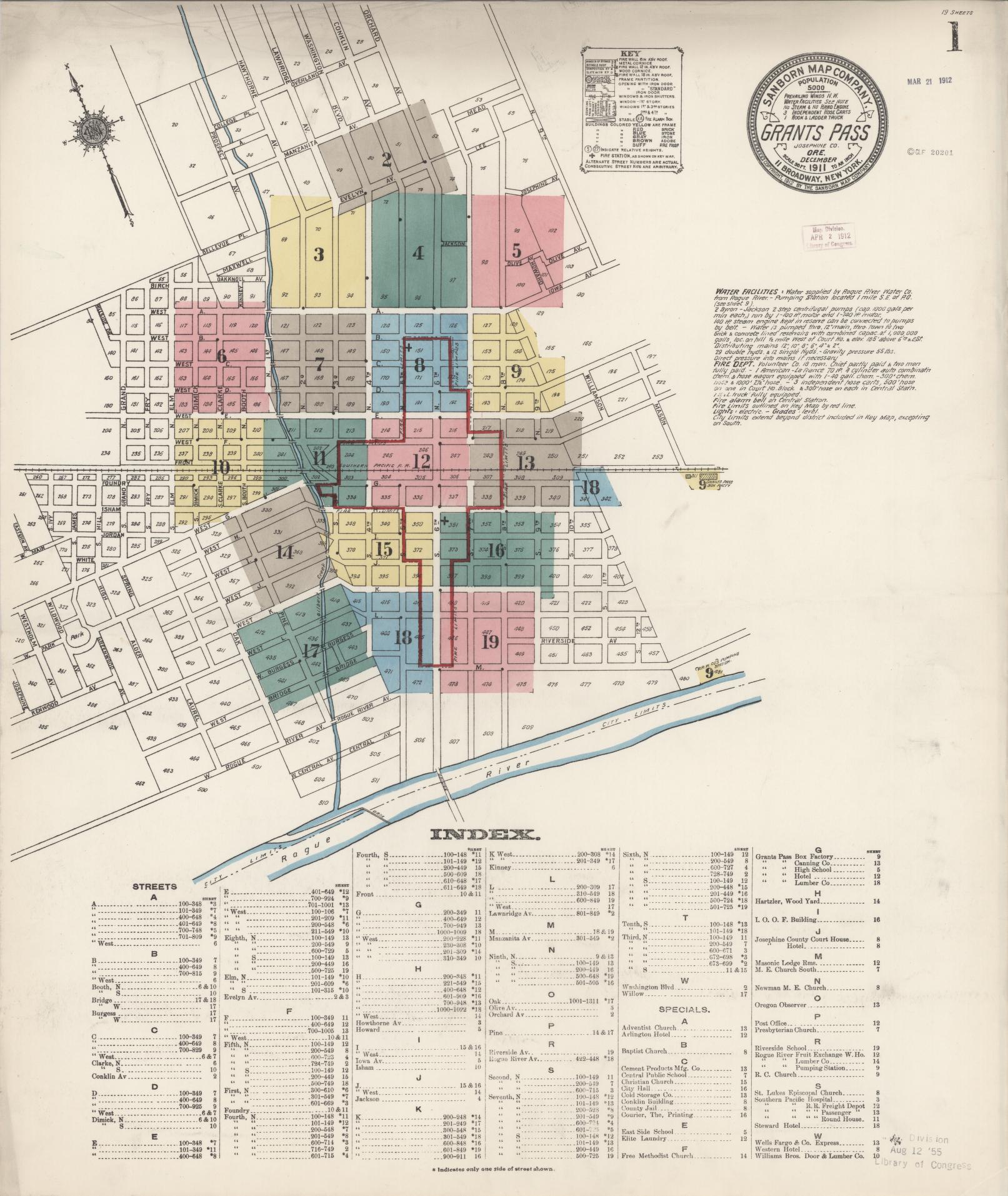 Sanborn Fire Insurance Map from Grants Pass, Josephine County, Oregon (1911), Sheet #0001 - Historic Sanborn Fire Insurance Map Print, vintage old map wall art, antique decor, genealogy gift, Oregon Oregon map