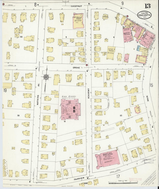 Sanborn Fire Insurance Map from Oneonta, Otsego County, New York (1910), Sheet #0013 - Historic Sanborn Fire Insurance Map Print, vintage old map wall art, antique decor, genealogy gift, New York New York map