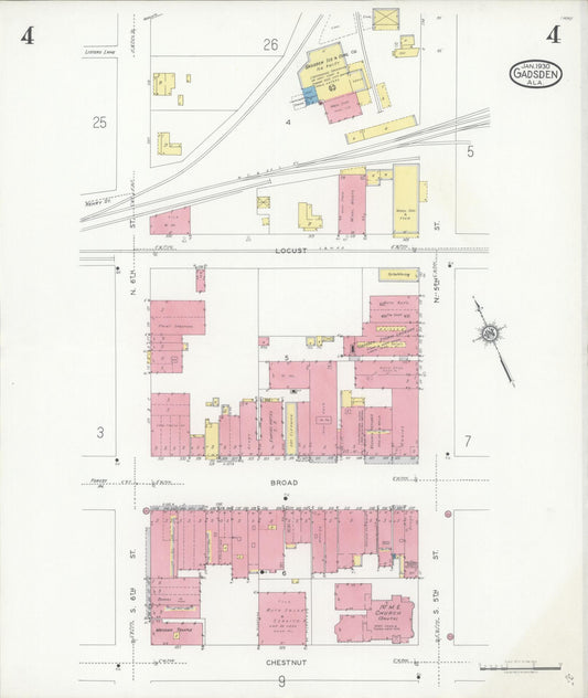 Sanborn Fire Insurance Map from Gadsden, Etowah County, Alabama (1930), Sheet #0004 - Historic Sanborn Fire Insurance Map Print, vintage old map wall art, antique decor, genealogy gift, Alabama Alabama map