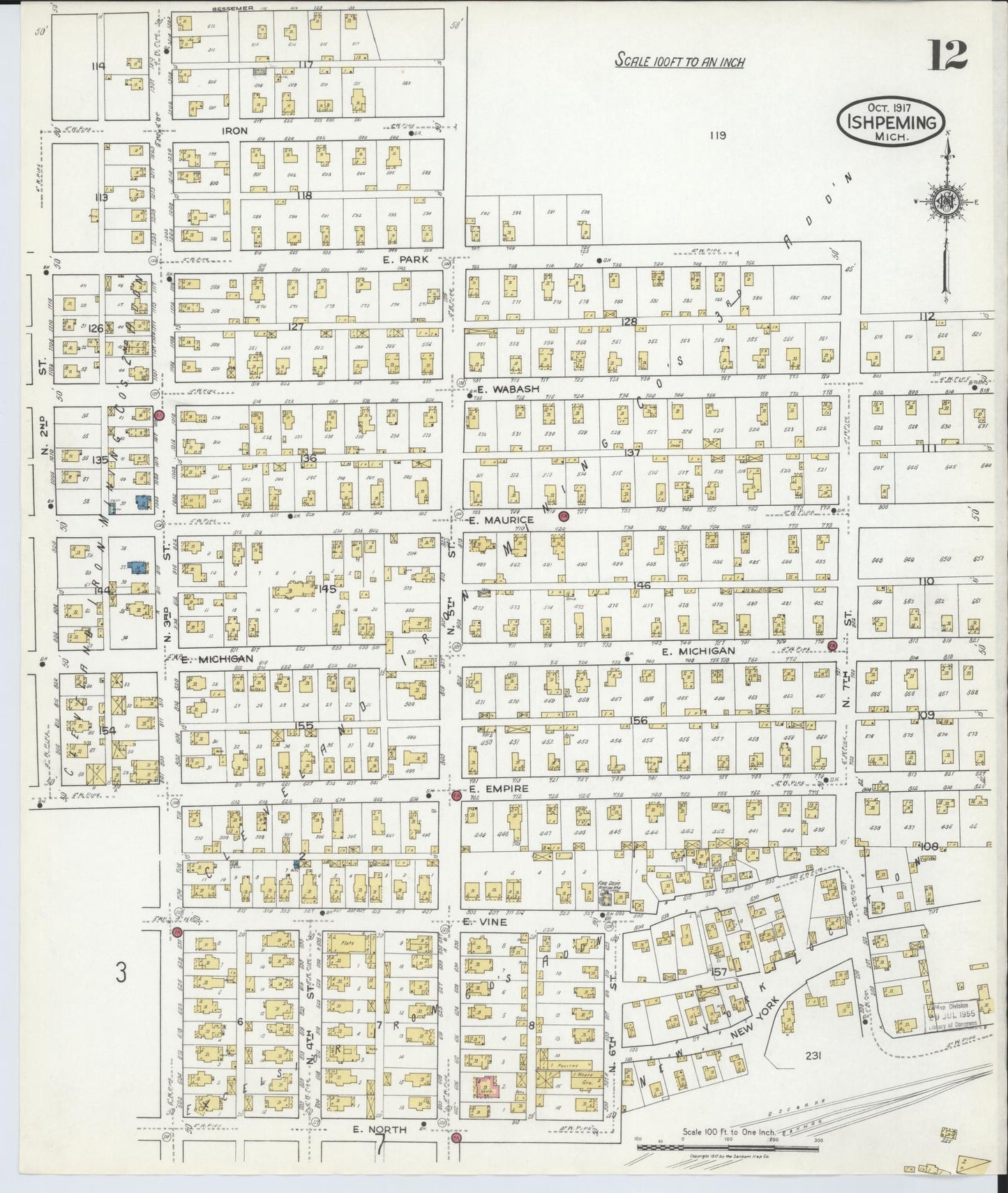 Sanborn Fire Insurance Map from Ishpeming, Marquette County, Michigan (1917), Sheet #0012 - Historic Sanborn Fire Insurance Map Print, vintage old map wall art, antique decor, genealogy gift, Michigan Michigan map