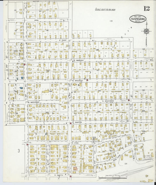 Sanborn Fire Insurance Map from Ishpeming, Marquette County, Michigan (1917), Sheet #0012 - Historic Sanborn Fire Insurance Map Print, vintage old map wall art, antique decor, genealogy gift, Michigan Michigan map