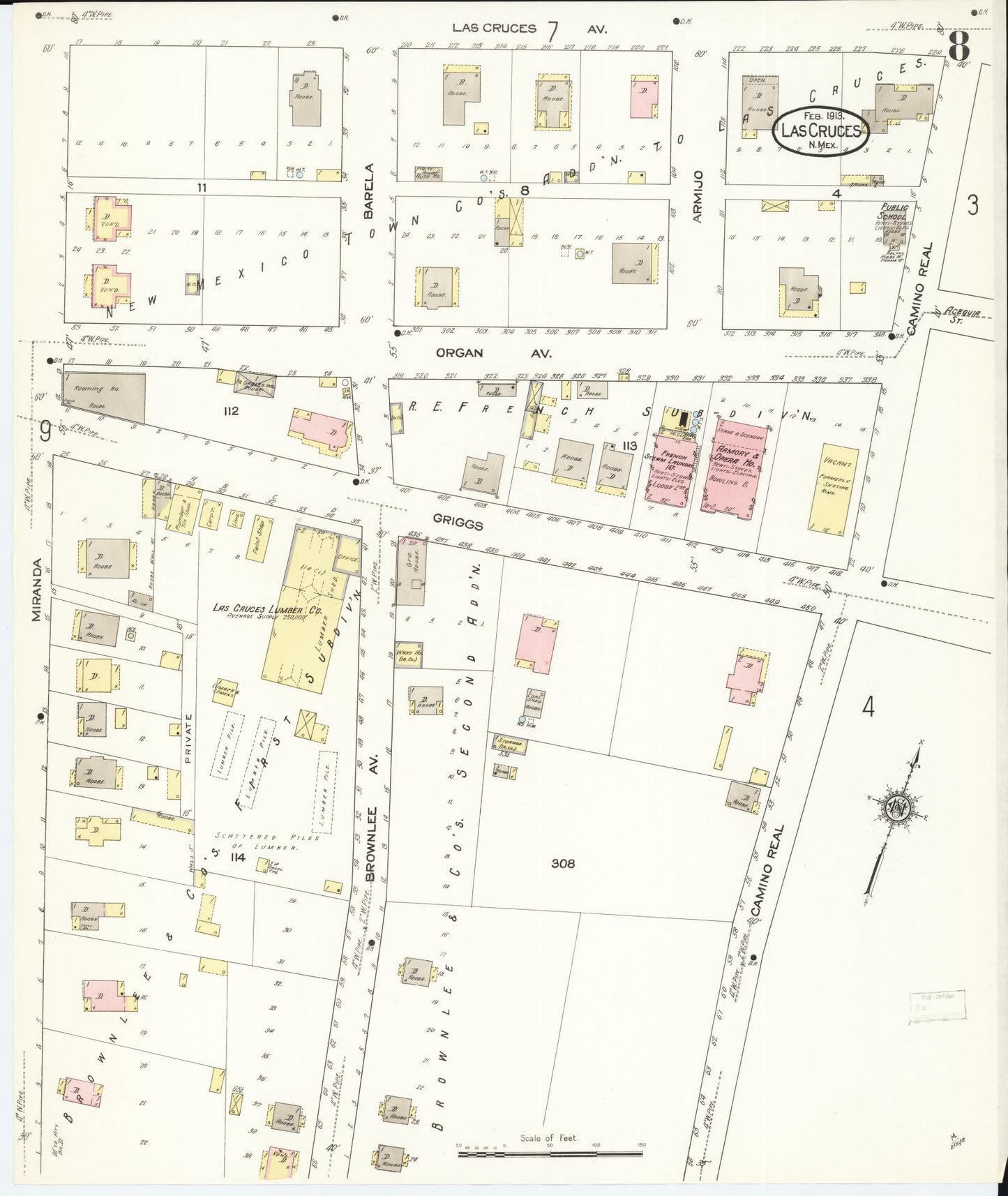 Sanborn Fire Insurance Map from Las Cruces, Dona Ana County, New Mexico (1913), Sheet #0008 - Historic Sanborn Fire Insurance Map Print, vintage old map wall art, antique decor, genealogy gift, New Mexico New Mexico map