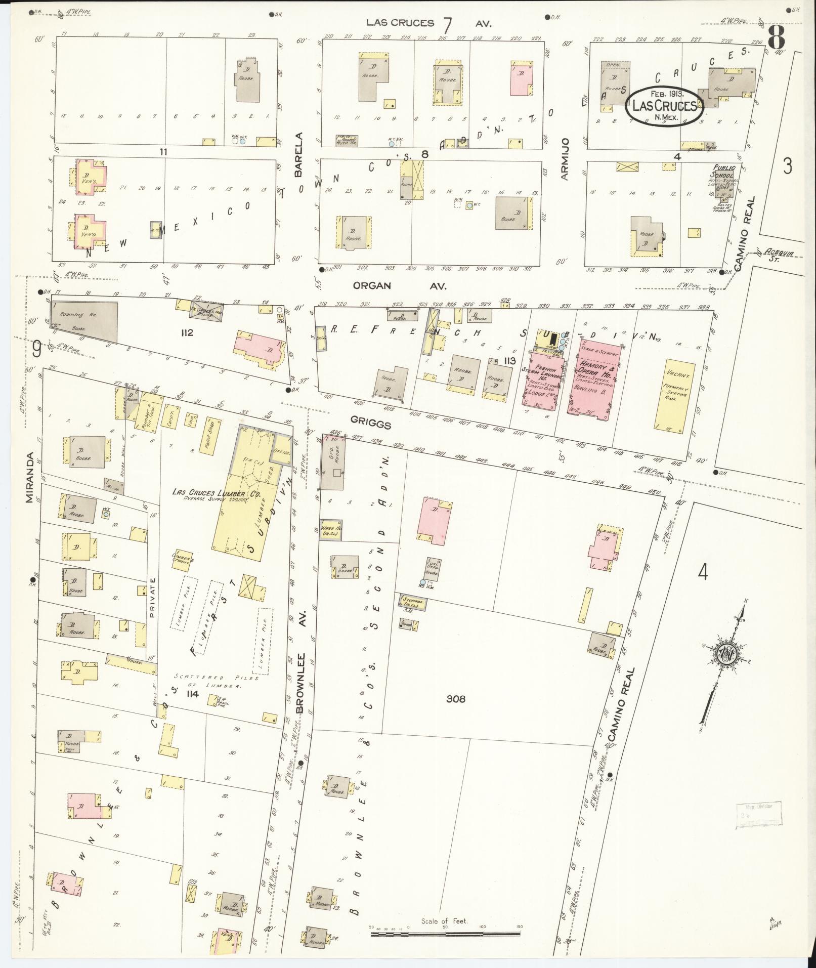 Sanborn Fire Insurance Map from Las Cruces, Dona Ana County, New Mexico (1913), Sheet #0008 - Historic Sanborn Fire Insurance Map Print, vintage old map wall art, antique decor, genealogy gift, New Mexico New Mexico map