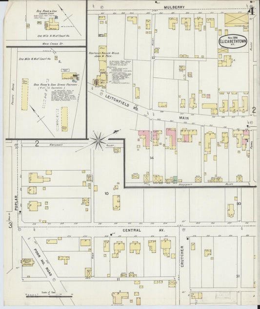 Sanborn Fire Insurance Map from Elizabethtown, Hardin County, Kentucky (1896), Sheet #0004 - Historic Sanborn Fire Insurance Map Print, vintage old map wall art, antique decor, genealogy gift, Kentucky Kentucky map