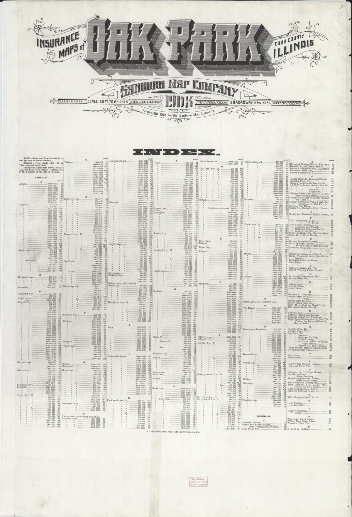 Sanborn Fire Insurance Map from Oak Park, Cook County, Illinois (1908), Sheet #0001 - Historic Sanborn Fire Insurance Map Print, vintage old map wall art, antique decor, genealogy gift, Illinois Illinois map