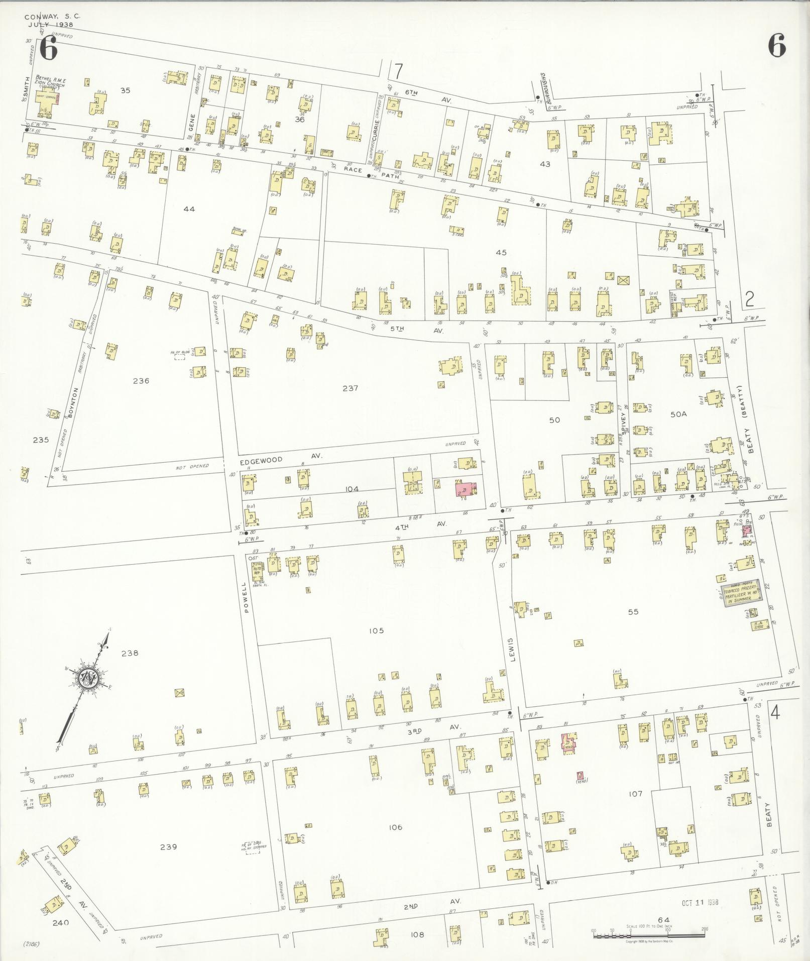 Sanborn Fire Insurance Map from Conway, Horry County, South Carolina (1938), Sheet #0006 - Historic Sanborn Fire Insurance Map Print, vintage old map wall art, antique decor, genealogy gift, South Carolina South Carolina map