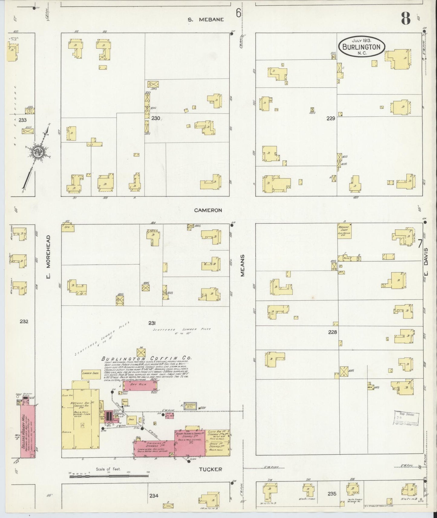 Sanborn Fire Insurance Map from Burlington, Alamance County, North Carolina (1913), Sheet #0008 - Complete Map Set gallery image, historic Sanborn map, vintage wall art, North Carolina North Carolina