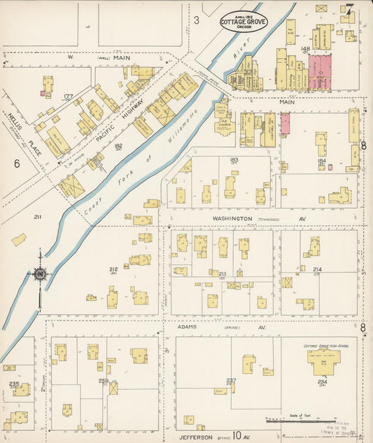 Sanborn Fire Insurance Map from Cottage Grove, Lane County, Oregon (1912), Sheet #0007 - Historic Sanborn Fire Insurance Map Print, vintage old map wall art, antique decor, genealogy gift, Oregon Oregon map