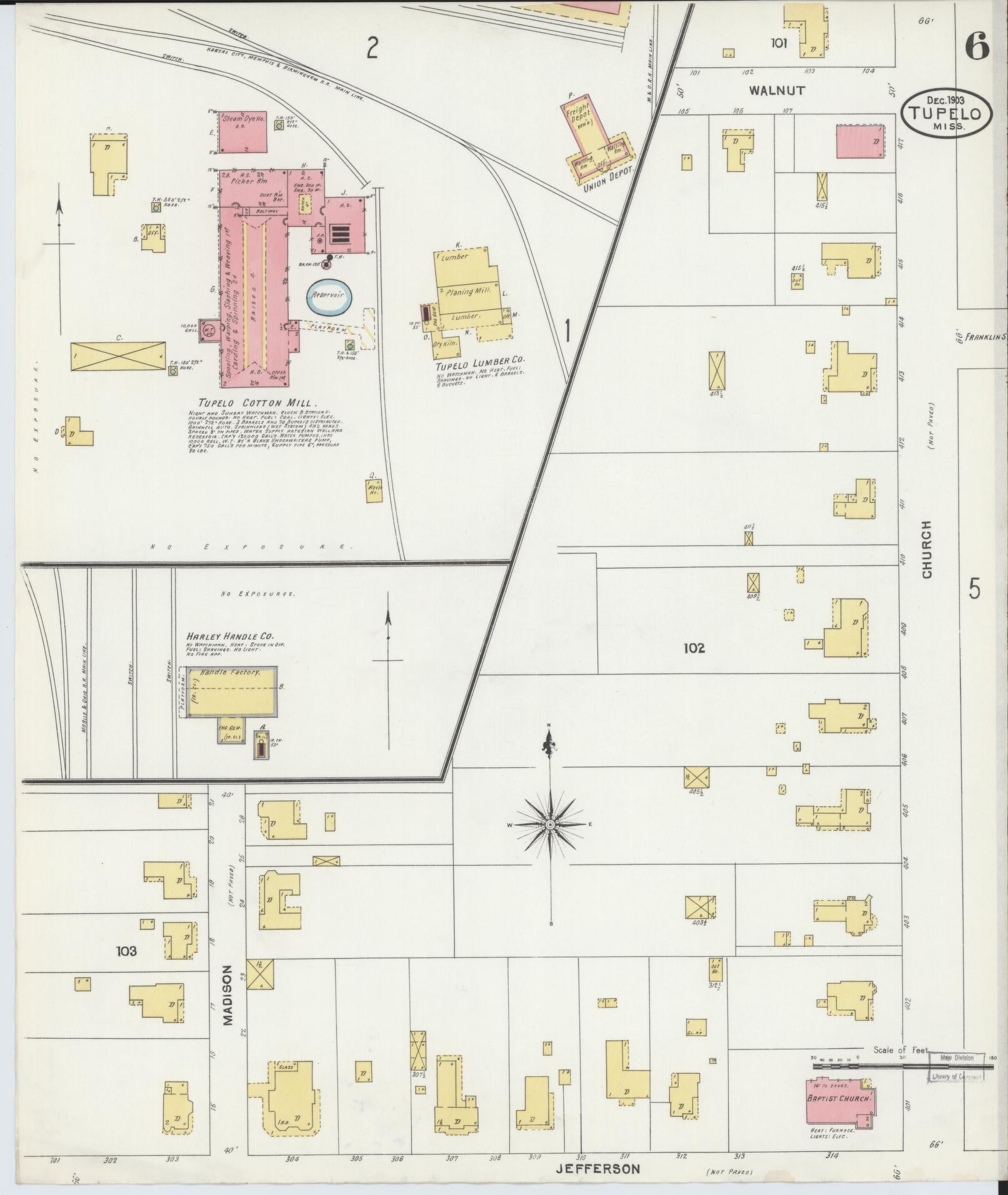 Sanborn Fire Insurance Map from Tupelo, Lee County, Mississippi (1903), Sheet #0006 - Complete Map Set gallery image, historic Sanborn map, vintage wall art, Mississippi Mississippi