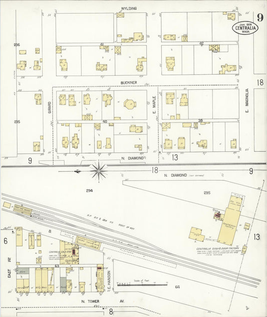 Sanborn Fire Insurance Map from Centralia, Lewis County, Washington (1909), Sheet #0009 - Historic Sanborn Fire Insurance Map Print, vintage old map wall art, antique decor, genealogy gift, Washington Washington map