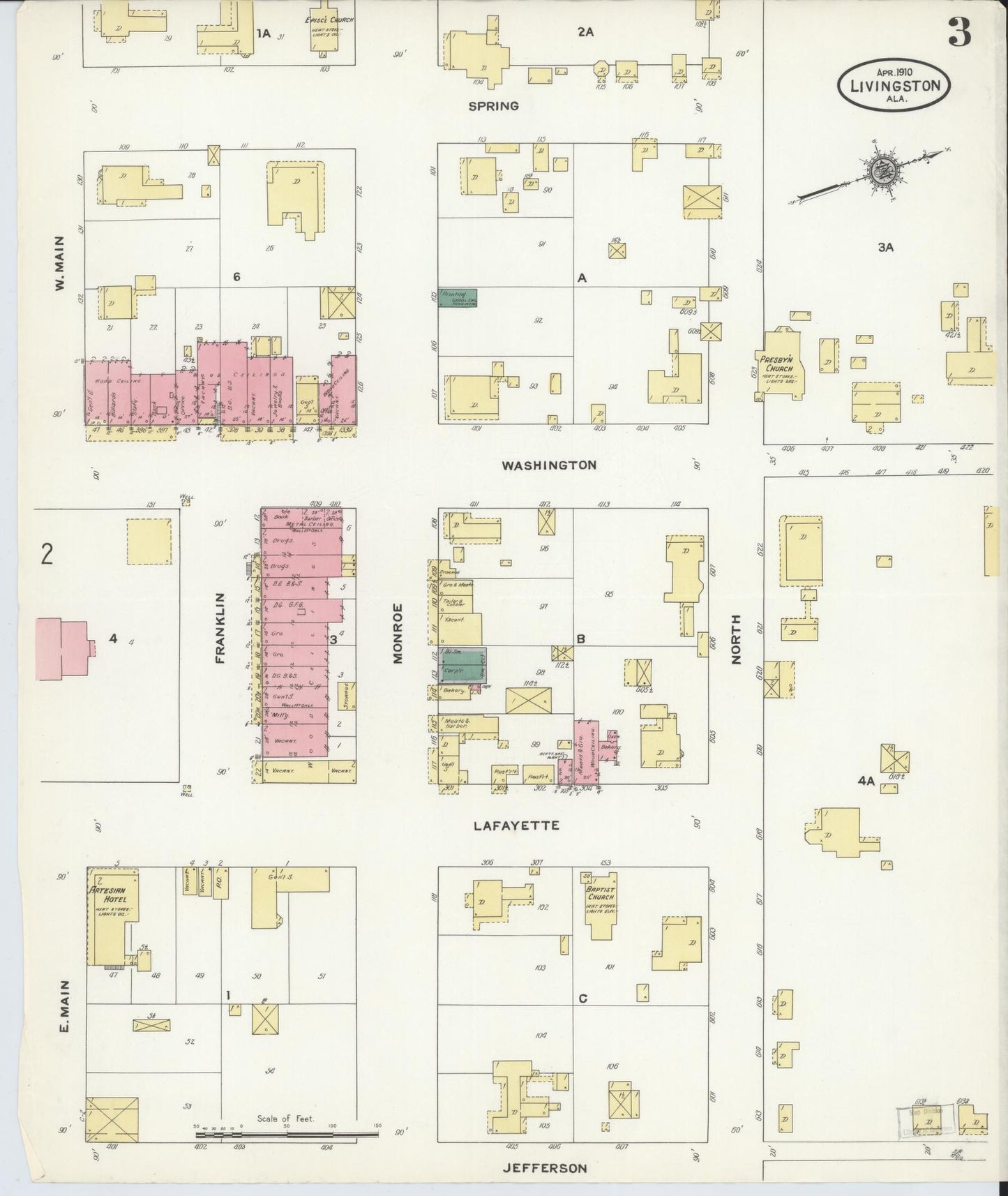 Sanborn Fire Insurance Map from Livingston, Sumter County, Alabama (1910), Sheet #0003 - Historic Sanborn Fire Insurance Map Print, vintage old map wall art, antique decor, genealogy gift, Alabama Alabama map