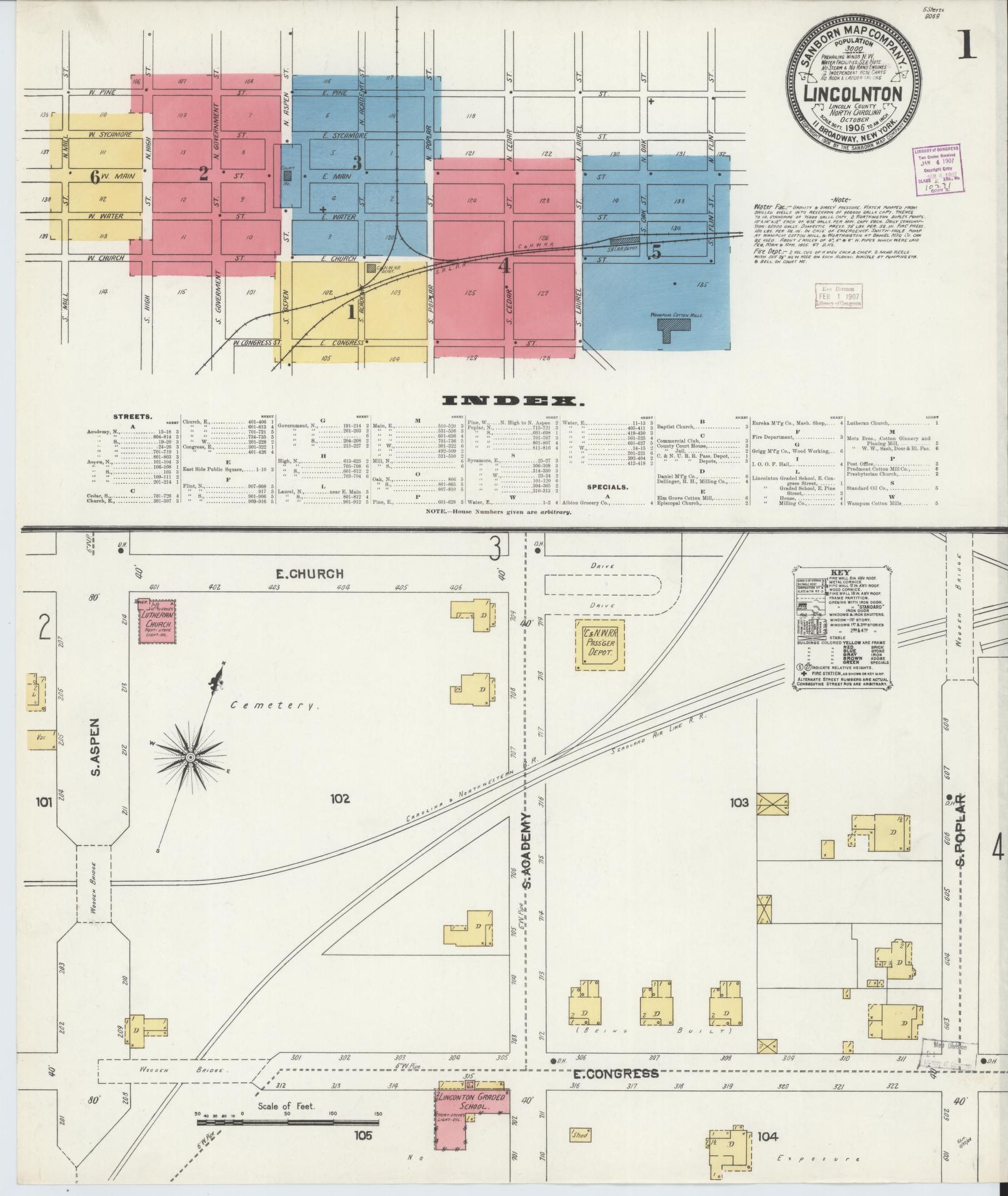 Sanborn Fire Insurance Map from Lincolnton, Lincoln County, North Carolina (1906), Sheet #0001 - Complete Map Set gallery image, historic Sanborn map, vintage wall art, North Carolina North Carolina