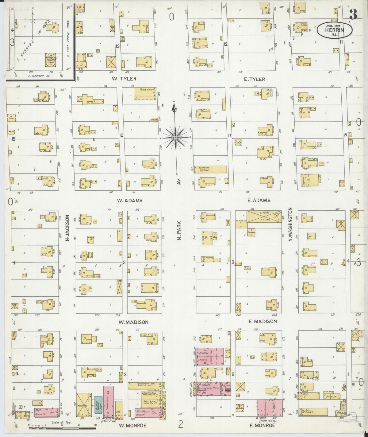 Sanborn Fire Insurance Map from Herrin, Williamson County, Illinois (1905), Sheet #0003 - Historic Sanborn Fire Insurance Map Print, vintage old map wall art, antique decor, genealogy gift, Illinois Illinois map
